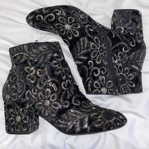 Aldo Black Velvet Ankle Boots with Platinum Embroidery